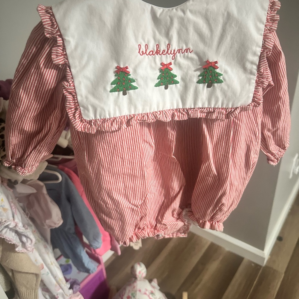 Red Striped Baby Romper with Christmas Trees